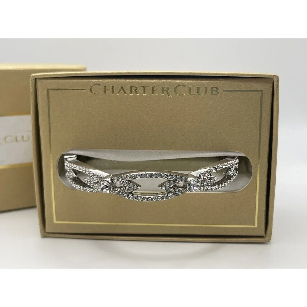Charter Club Silver Tone Crystal Hinge Bangle Bracelet New